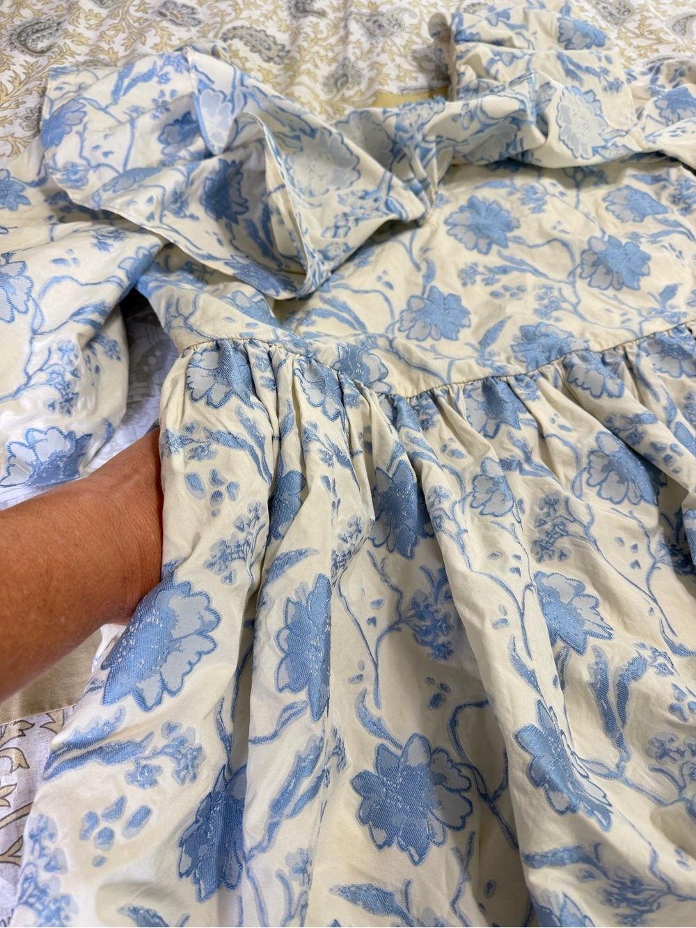 ASOS Edition Blue Floral Jacquard Babydoll Mini Dress Puff Sleeve Ruffle US 12 - Picture 12 of 13